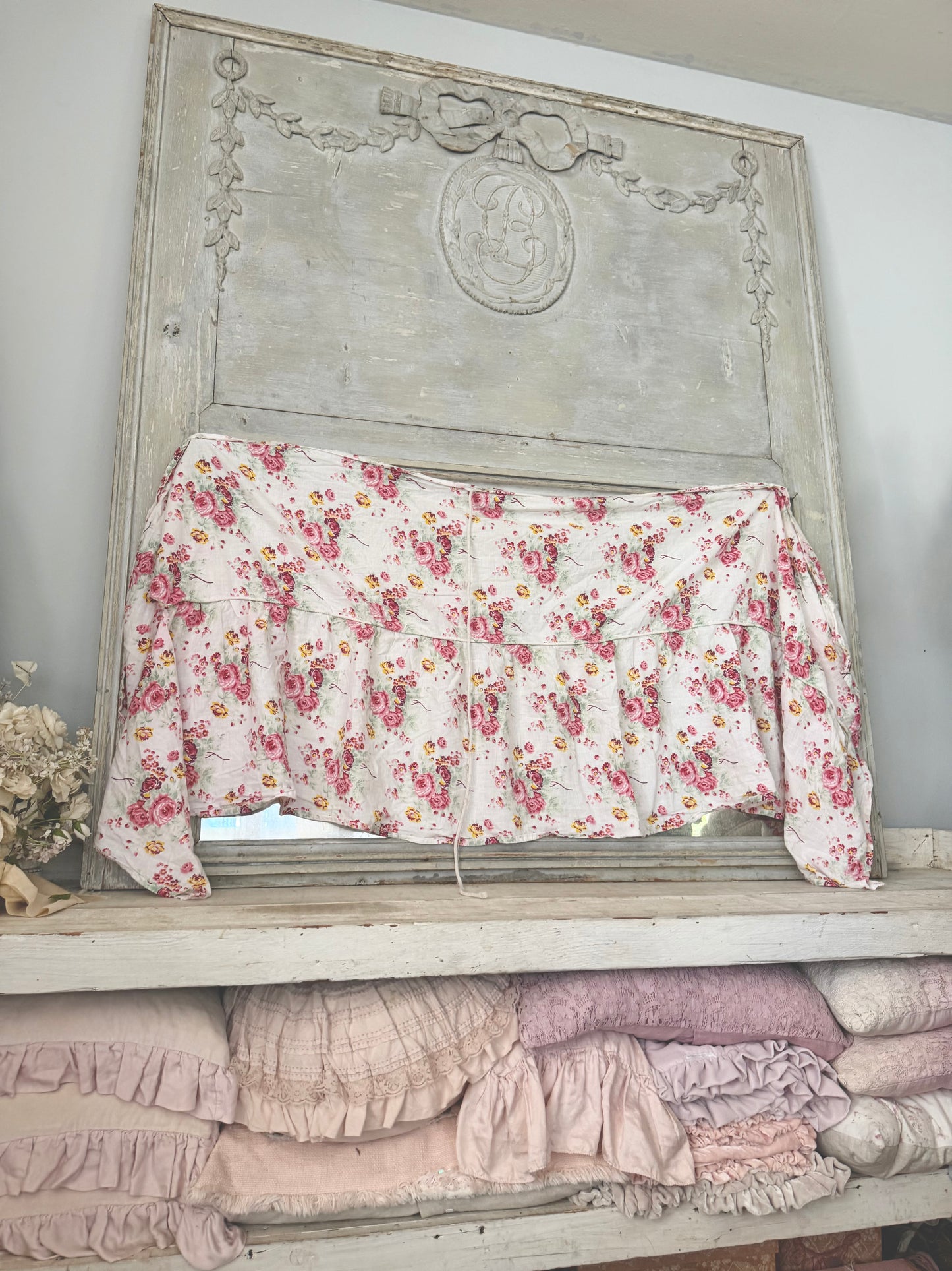 Antique Floral French Fabric Ruffled Valance Panel