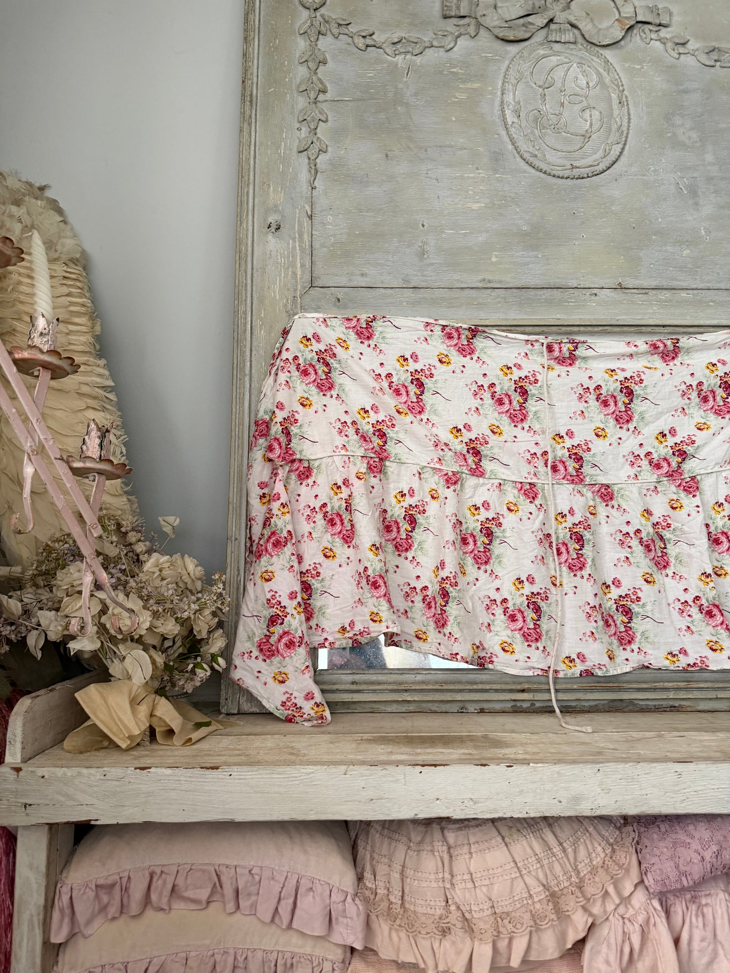 Antique Floral French Fabric Ruffled Valance Panel