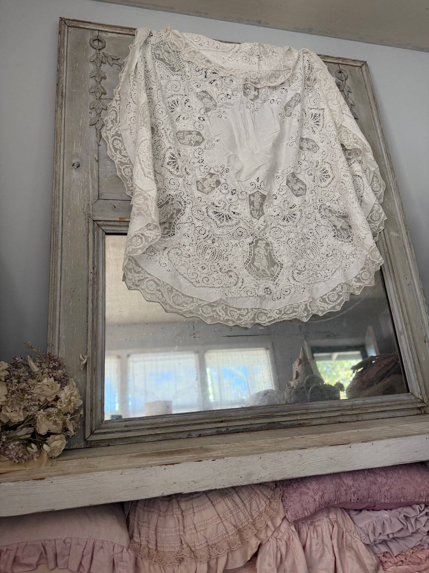 Incredible Antique Cherub Lace Round Tablecloth