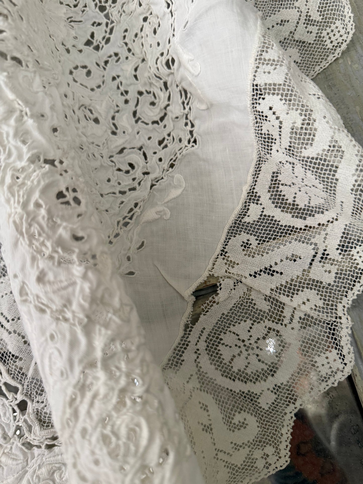 Incredible Antique Cherub Lace Round Tablecloth