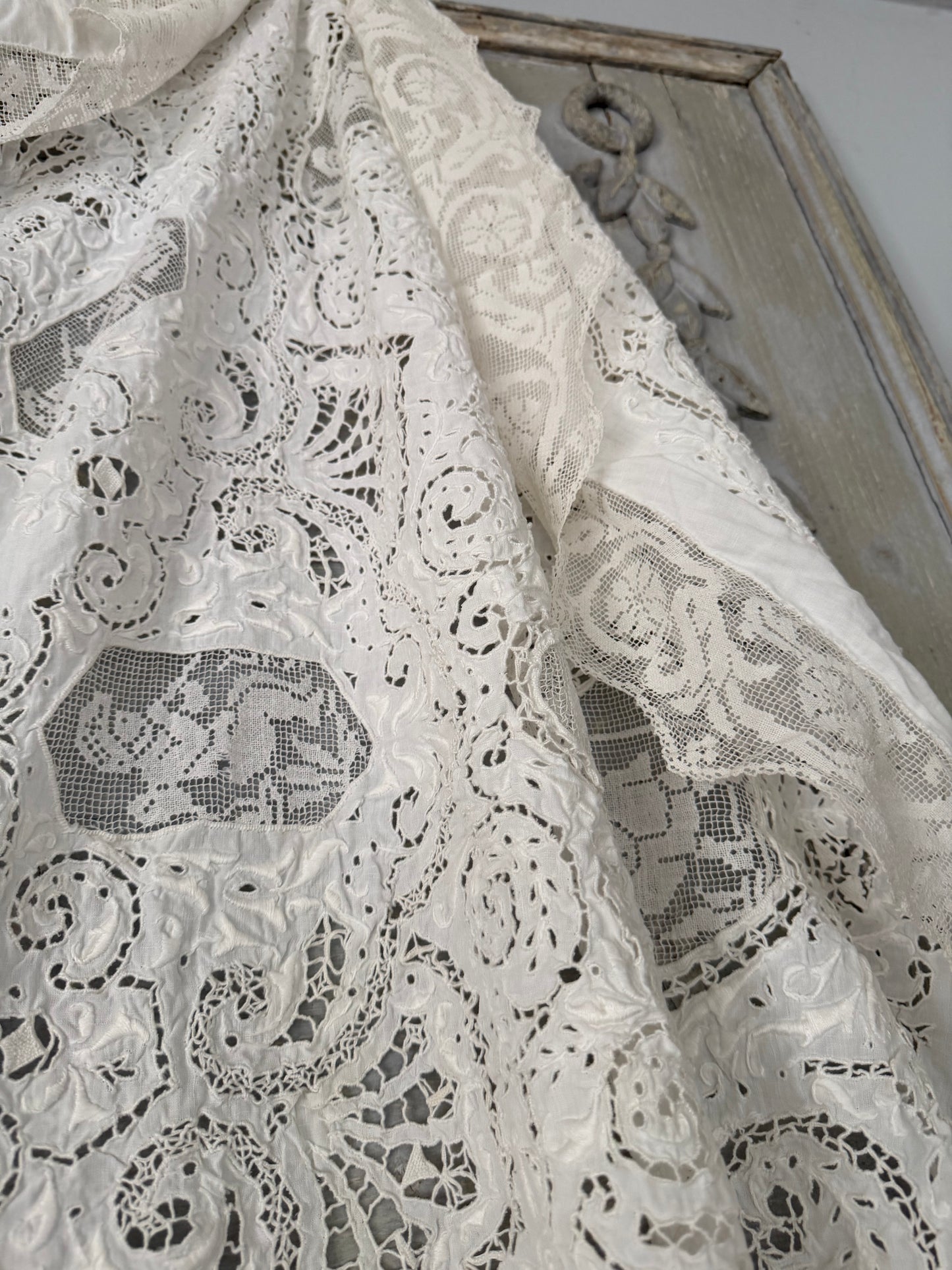Incredible Antique Cherub Lace Round Tablecloth