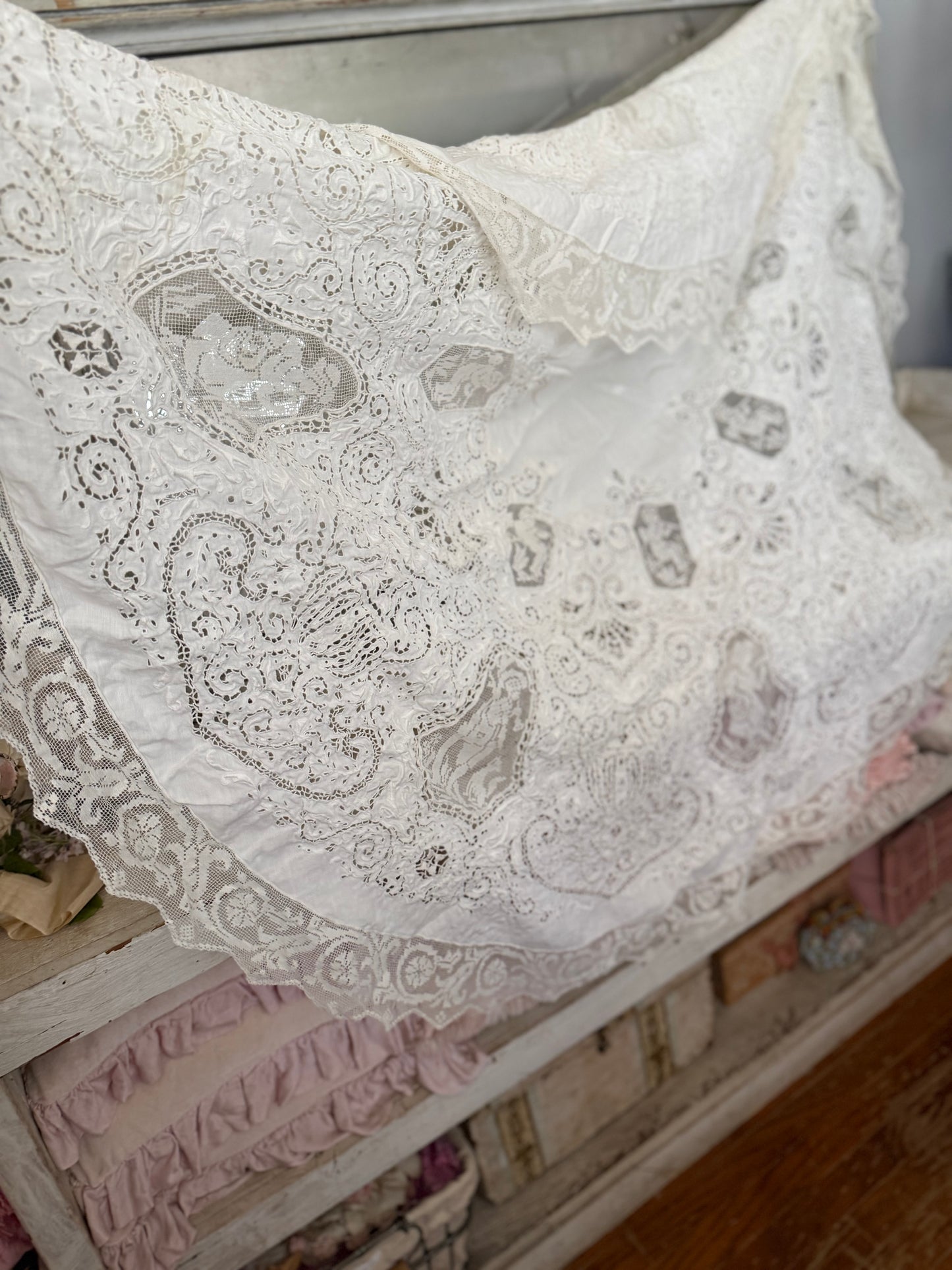 Incredible Antique Cherub Lace Round Tablecloth