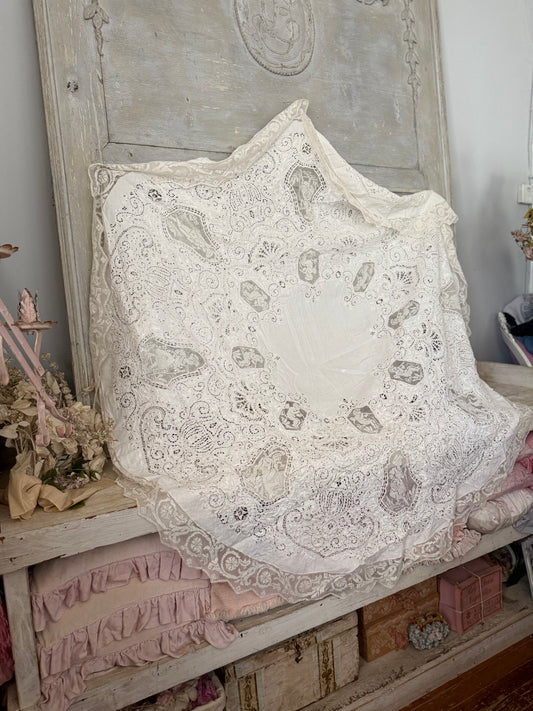 Incredible Antique Cherub Lace Round Tablecloth