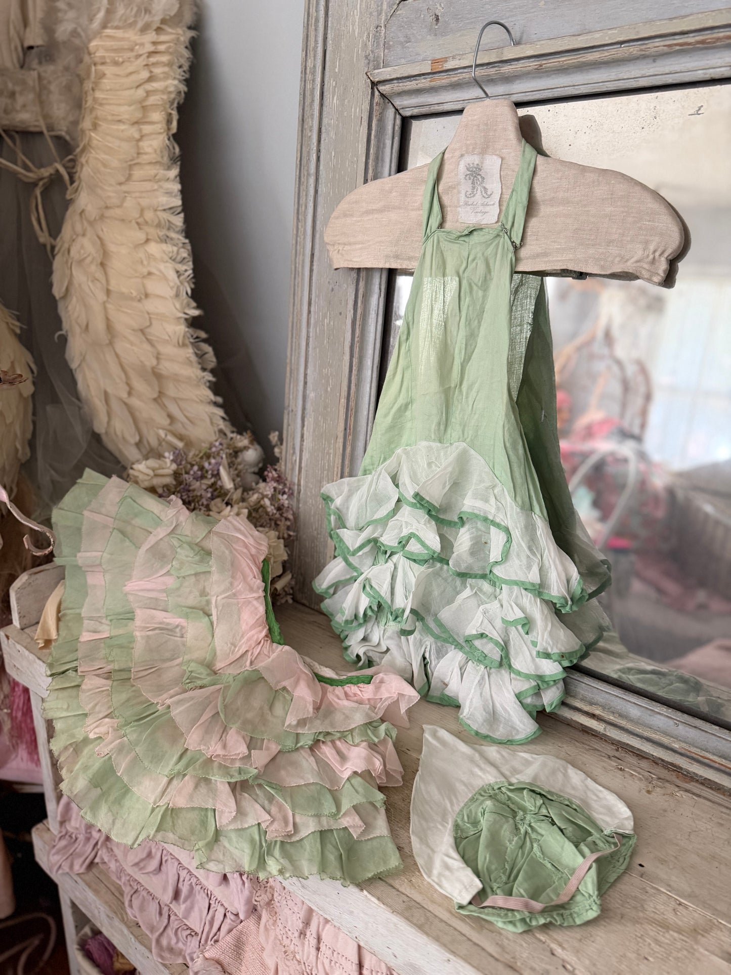 Vintage Ballet Dance Costume Pink Green Ruffle