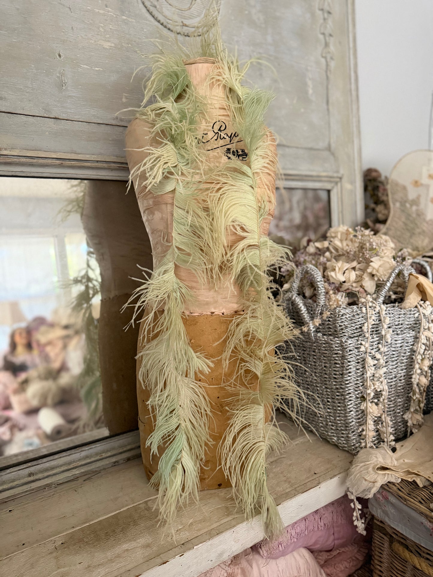 Antique Chartreuse Green Ostrich Feather Millinery Yardage