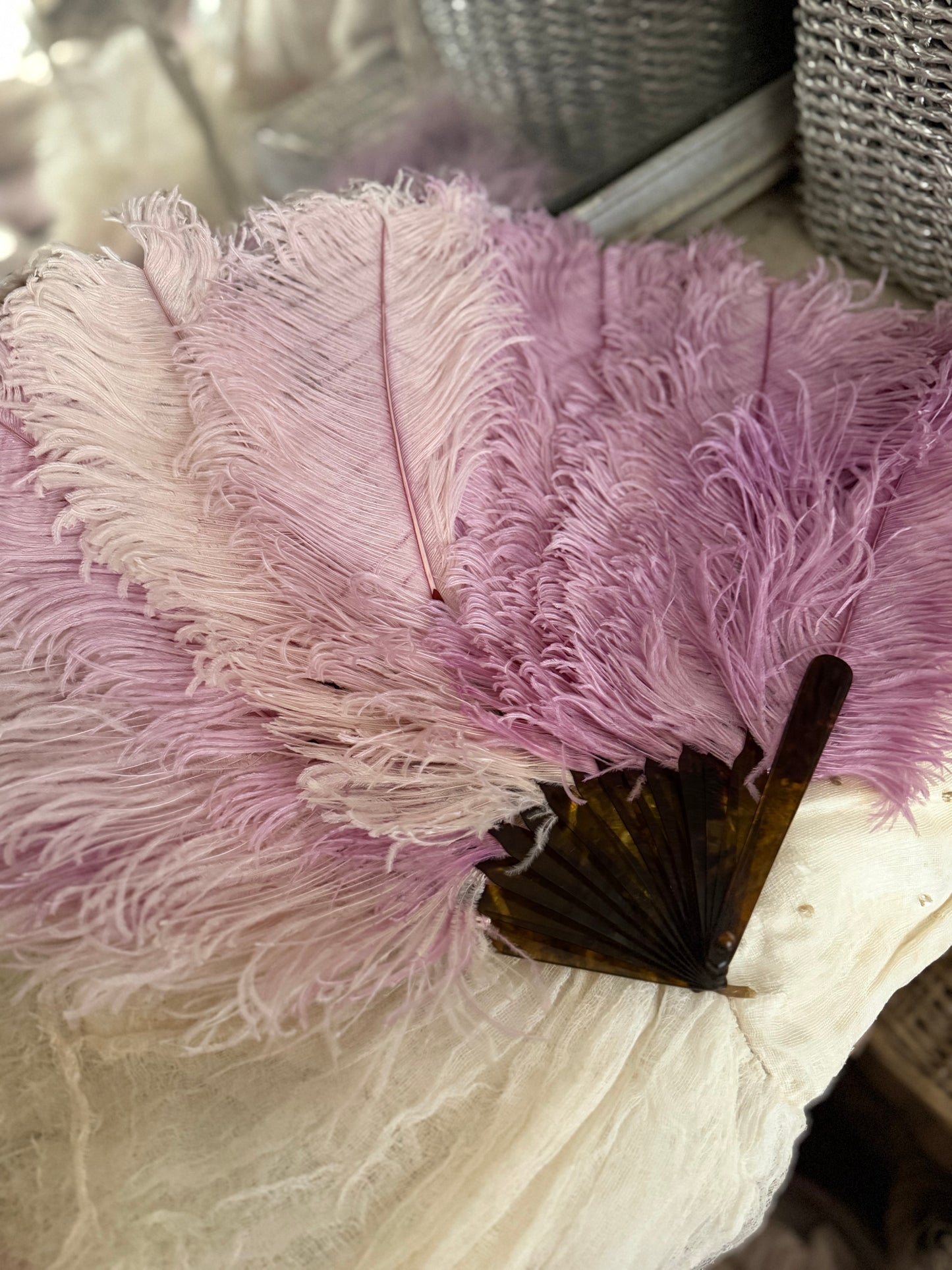 Antique Victorian Lavender Ostrich Feather Fan