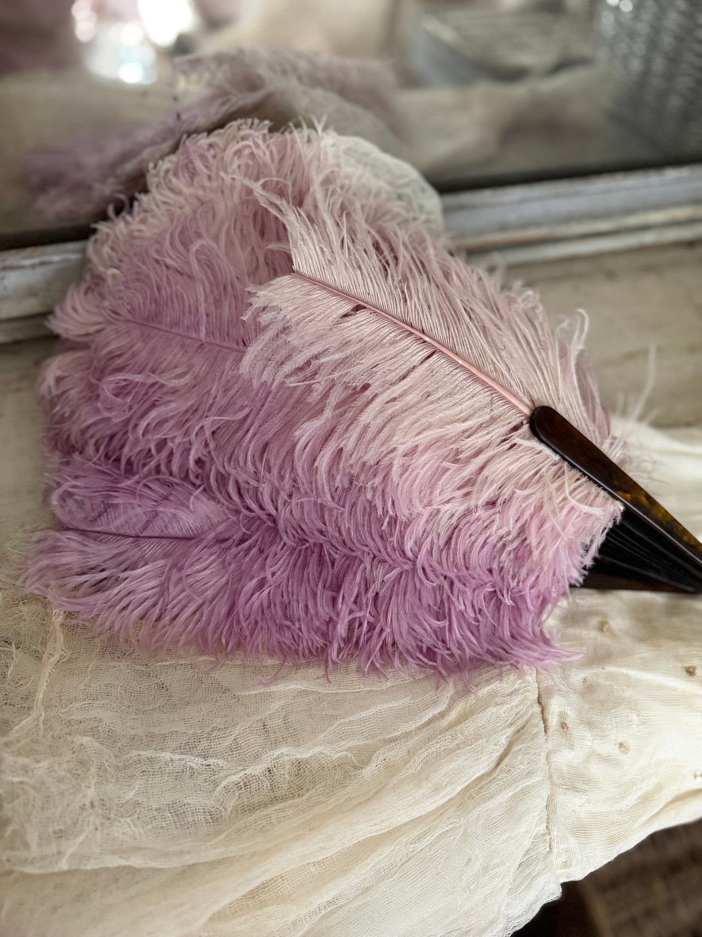 Antique Victorian Lavender Ostrich Feather Fan
