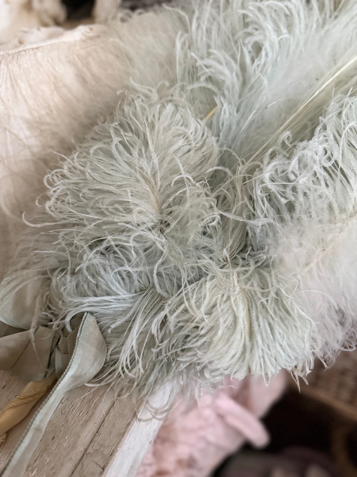 Exquisite Antique Belle Epoque Blue Ostrich Feather Fan Silk Ribbon