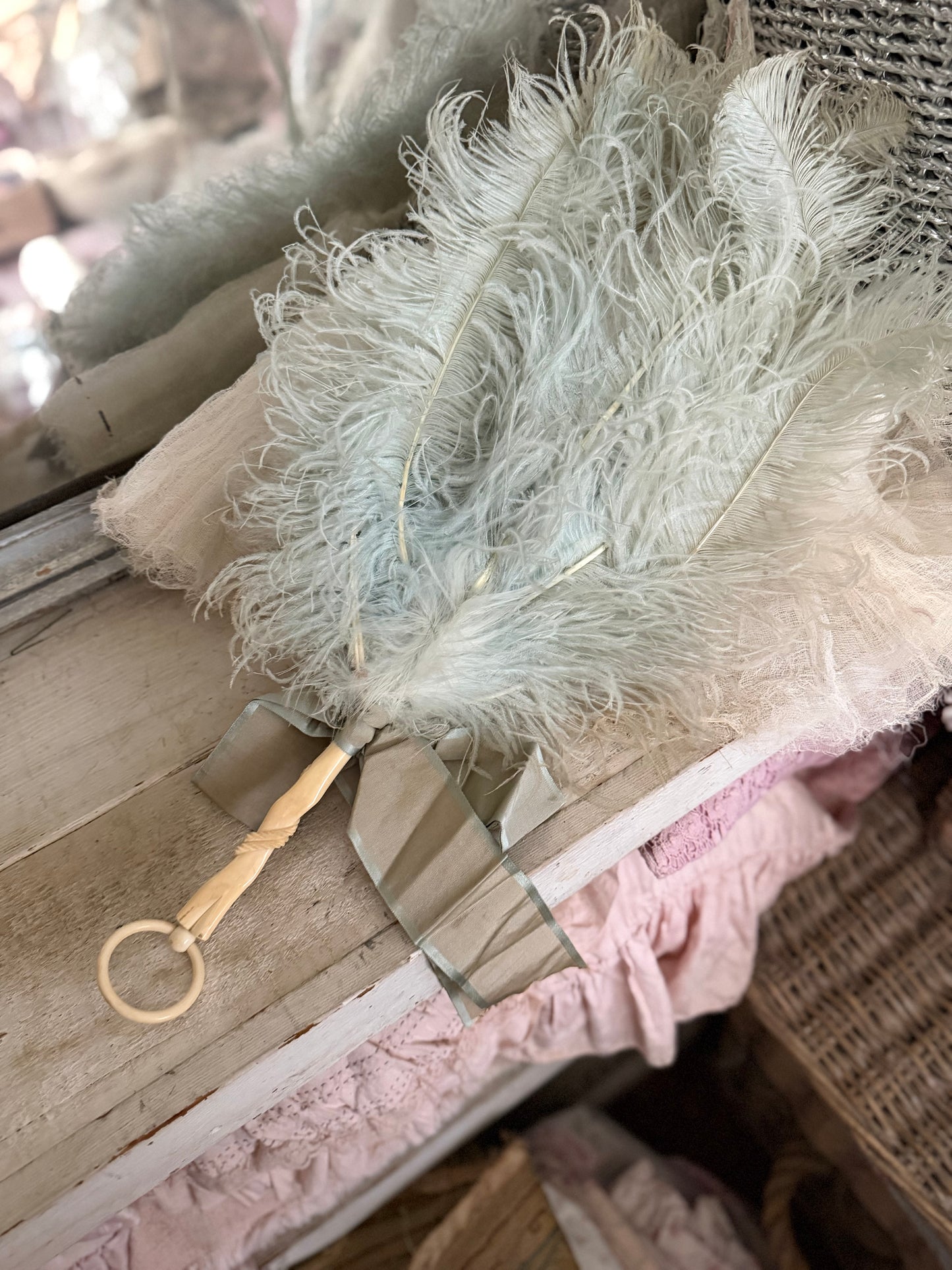 Exquisite Antique Belle Epoque Blue Ostrich Feather Fan Silk Ribbon