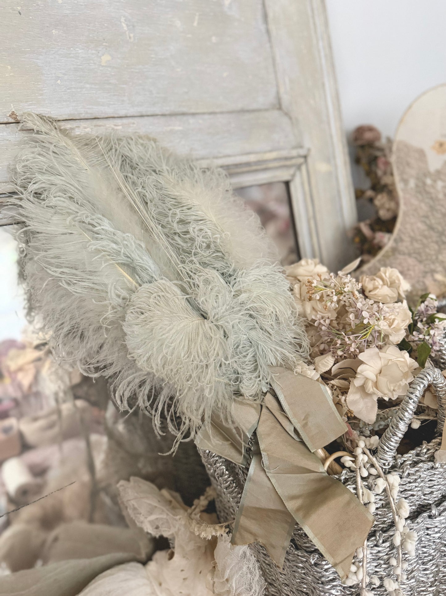 Exquisite Antique Belle Epoque Blue Ostrich Feather Fan Silk Ribbon