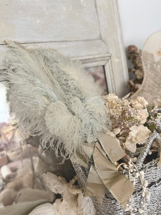 Exquisite Antique Belle Epoque Blue Ostrich Feather Fan Silk Ribbon