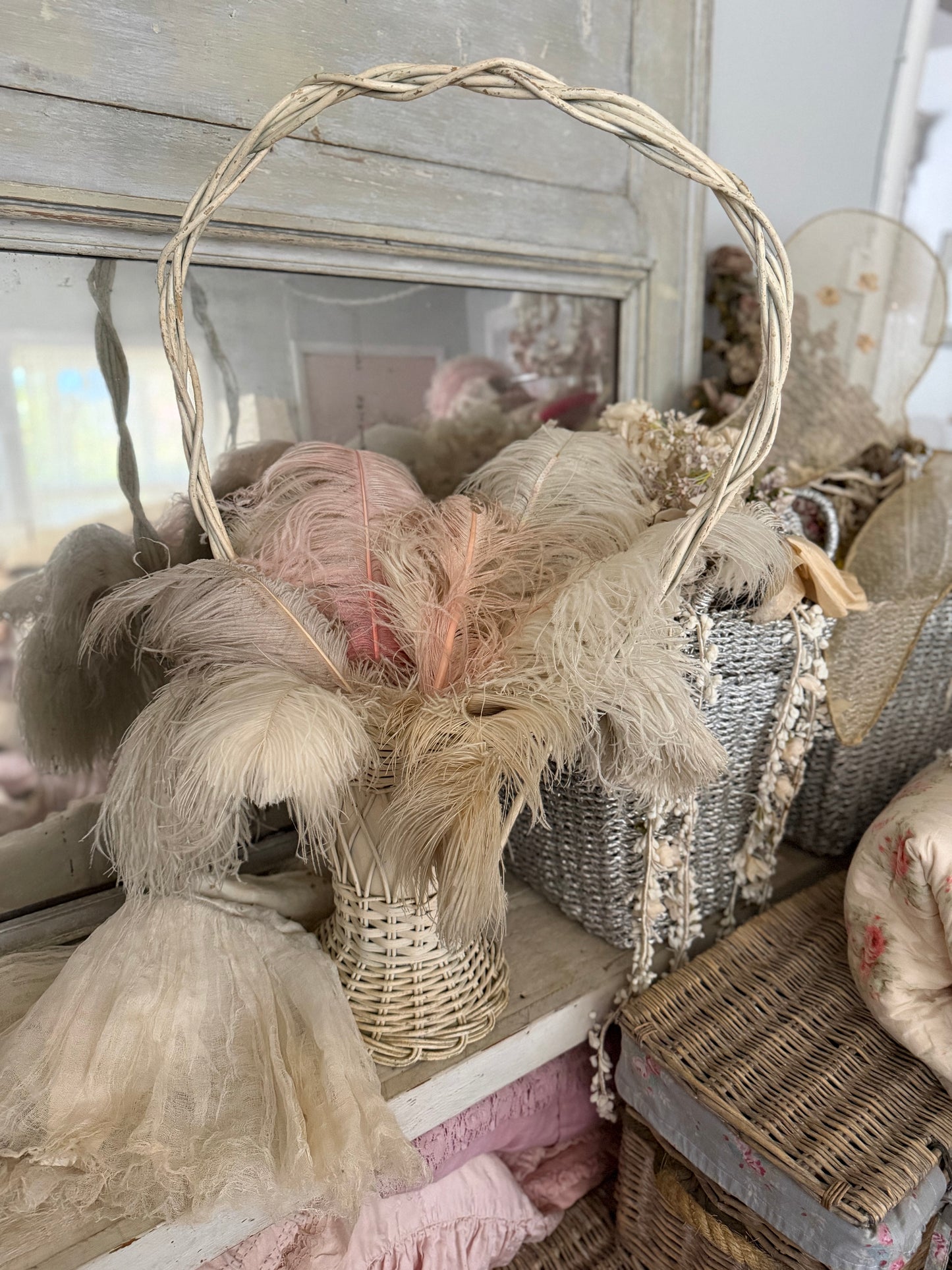 XL Antique Victorian White Wicker Flower Basket With Feathers