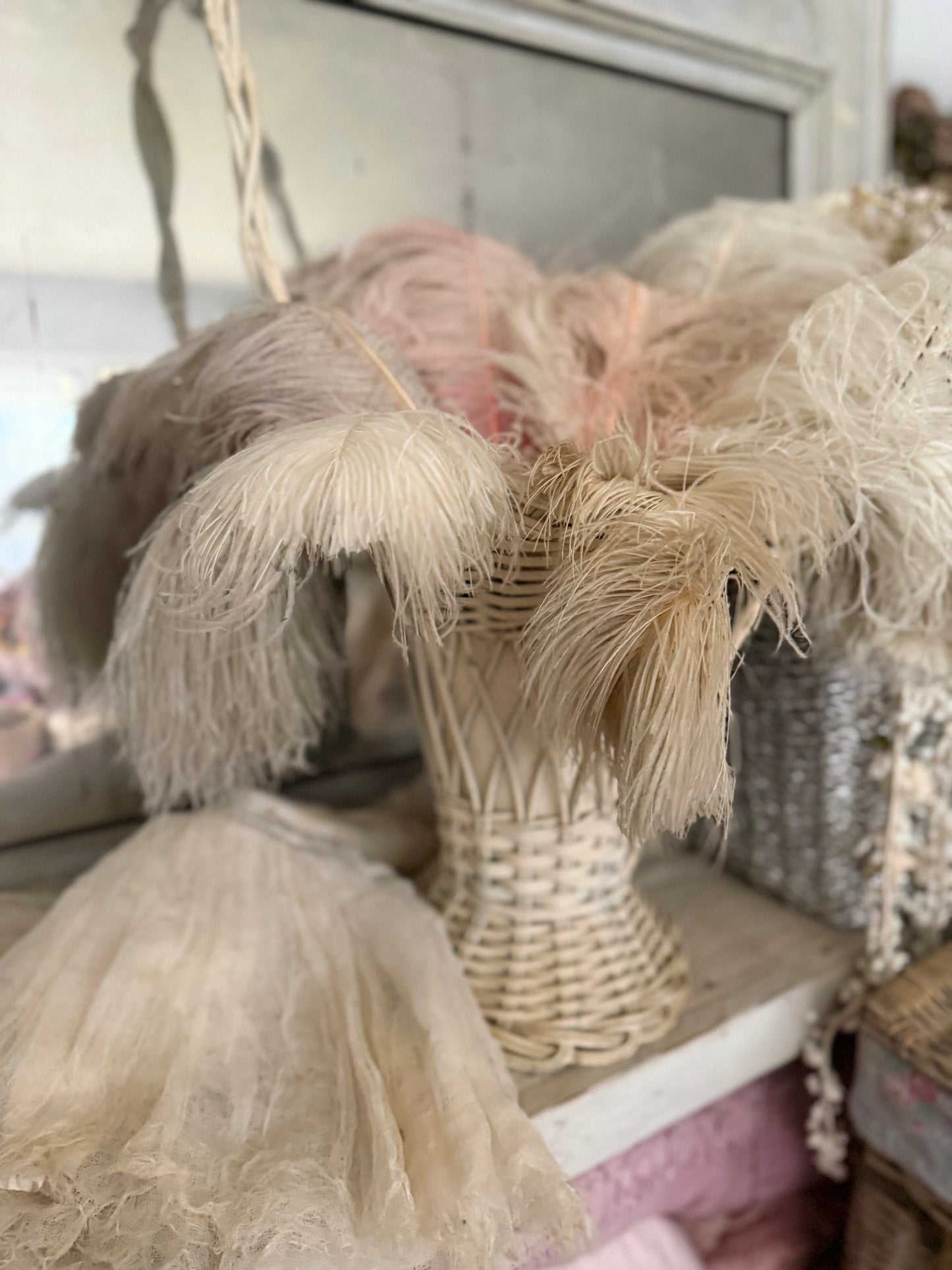 XL Antique Victorian White Wicker Flower Basket With Feathers