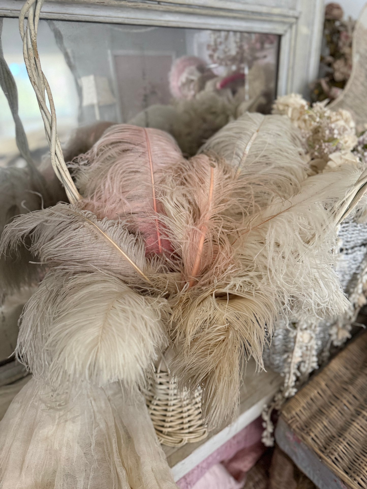 XL Antique Victorian White Wicker Flower Basket With Feathers