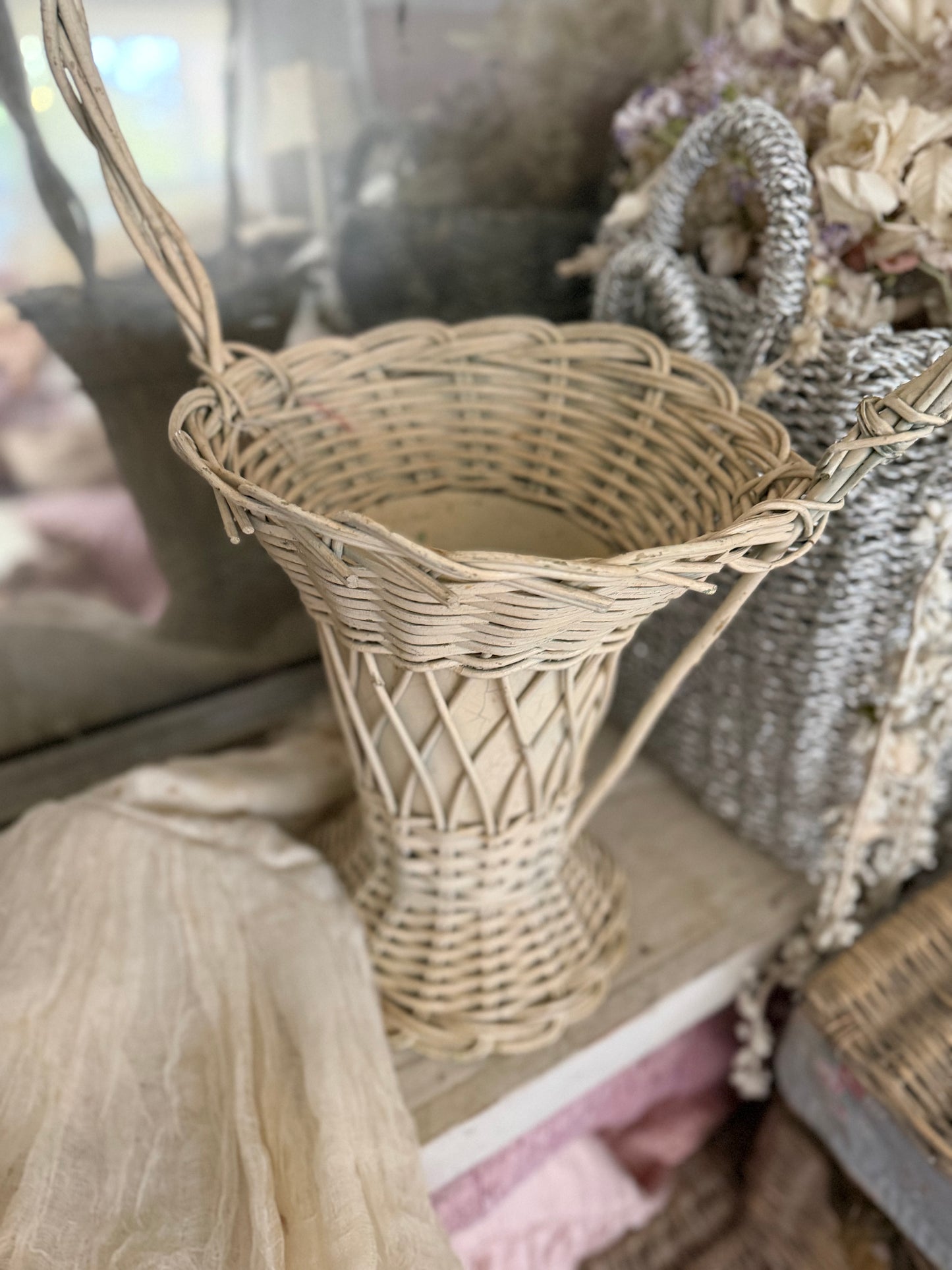 XL Antique Victorian White Wicker Flower Basket With Feathers