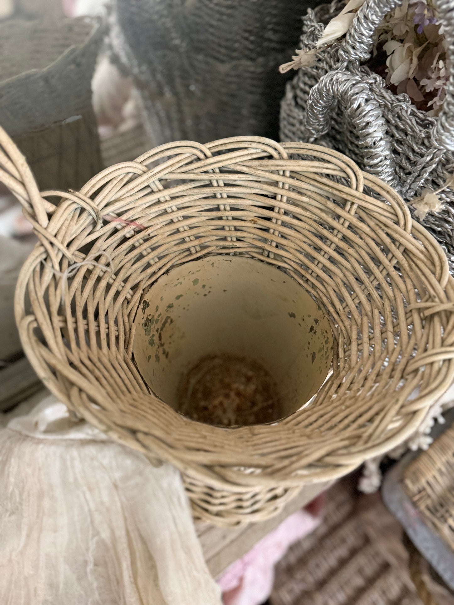 XL Antique Victorian White Wicker Flower Basket With Feathers