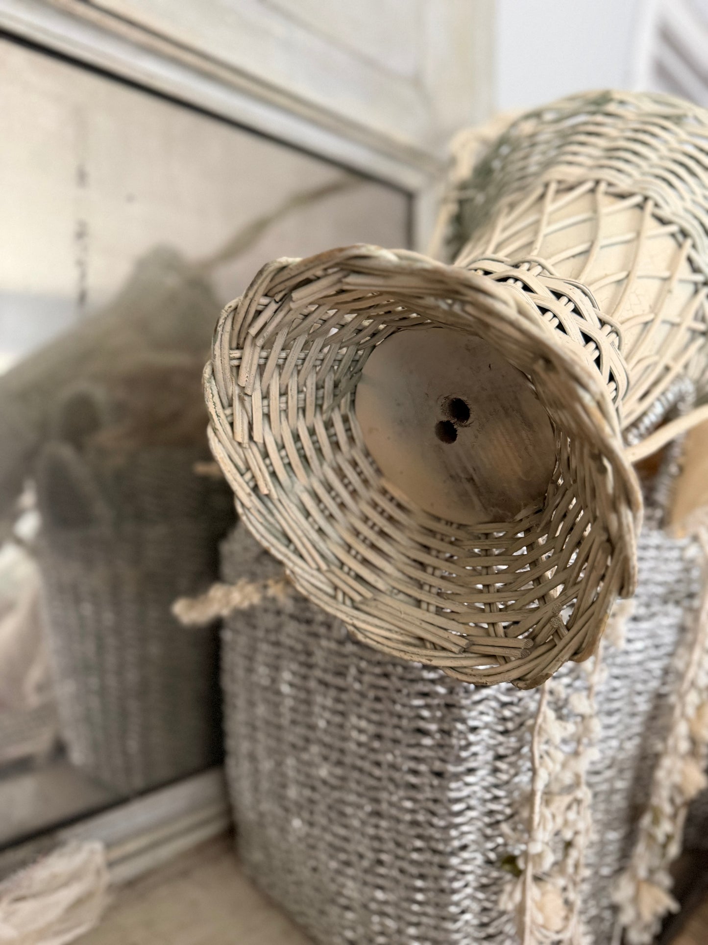 XL Antique Victorian White Wicker Flower Basket With Feathers