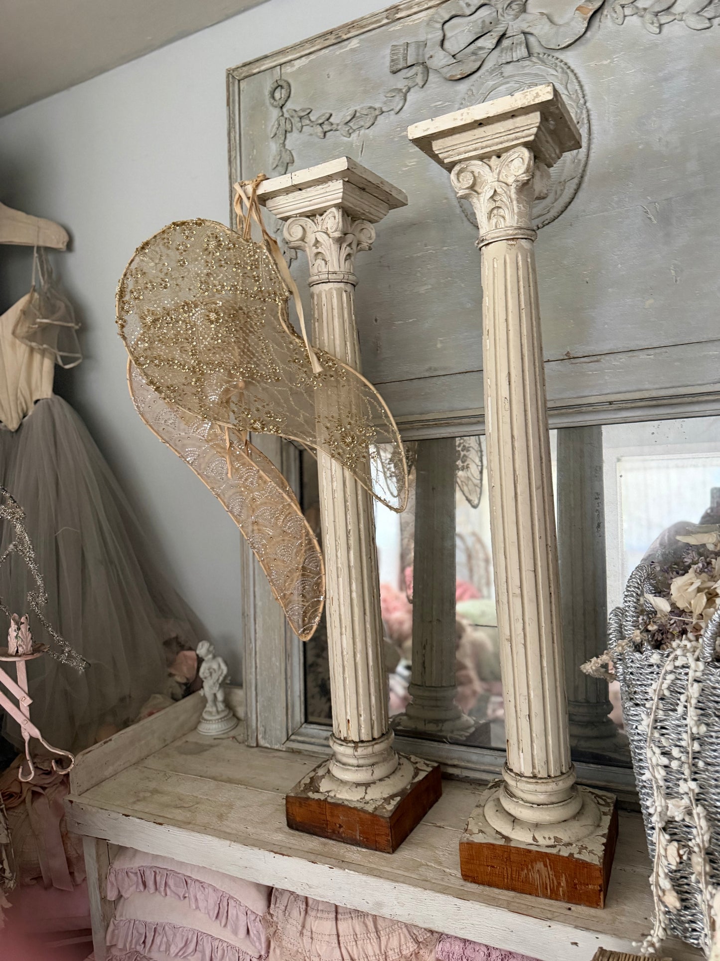 Pair Antique Chippy Wood Columns