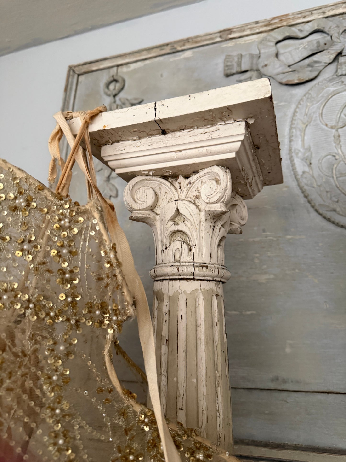 Pair Antique Chippy Wood Columns