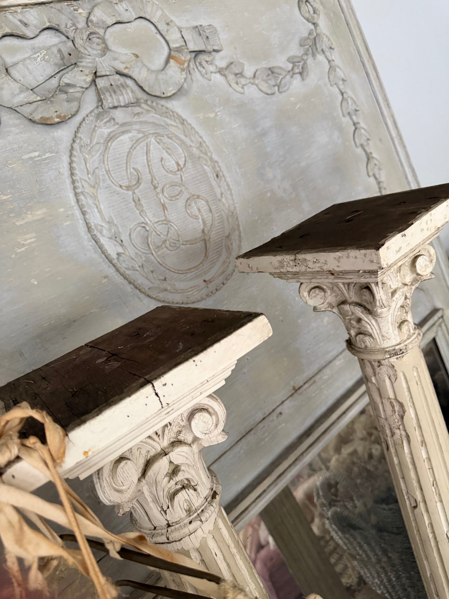 Pair Antique Chippy Wood Columns