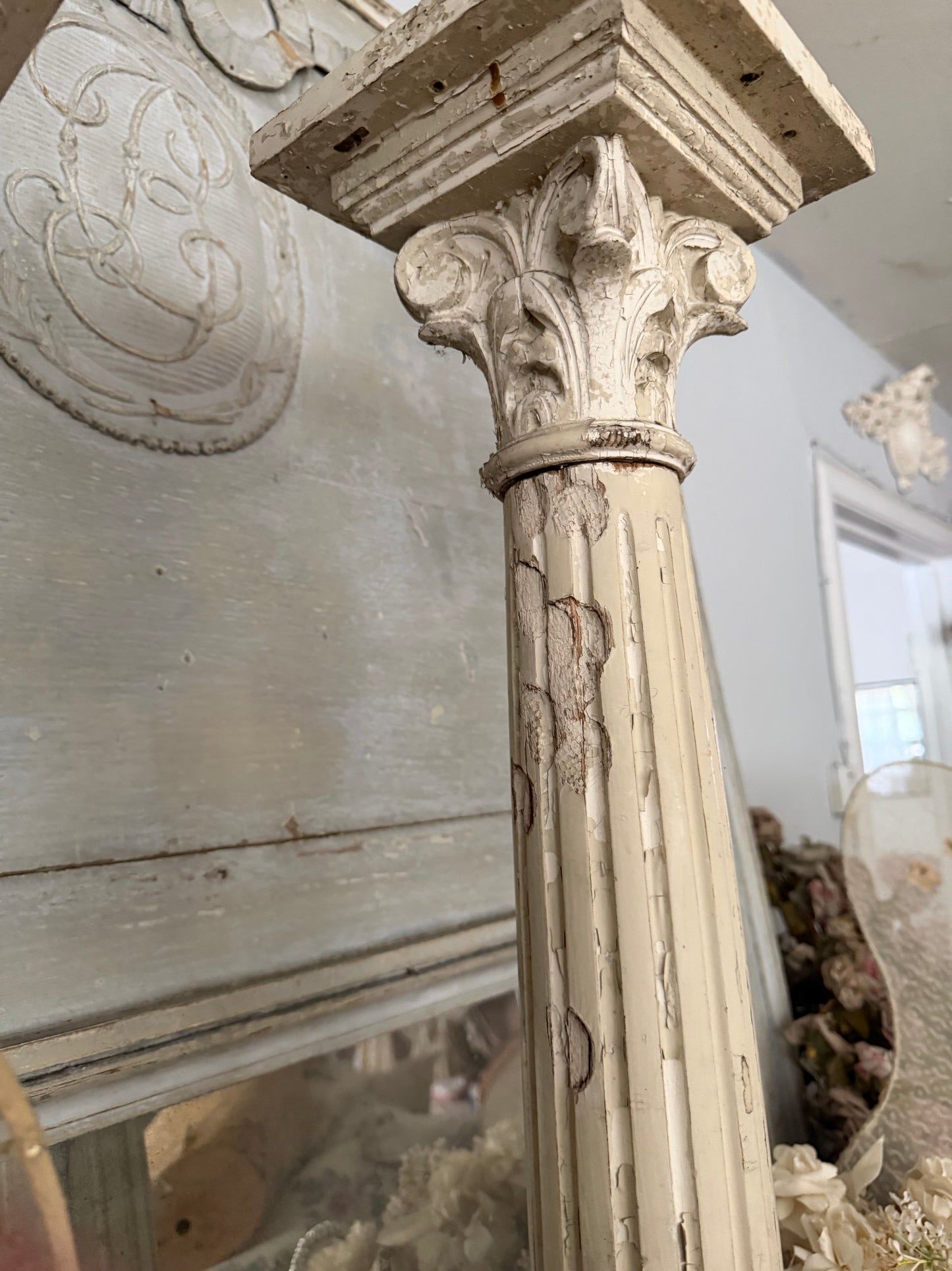 Pair Antique Chippy Wood Columns