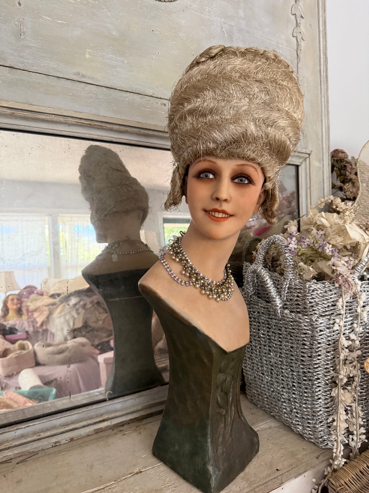 Antique French Jeanne SAUNAL Costume Theater 1920's Raffia Rococo Wig