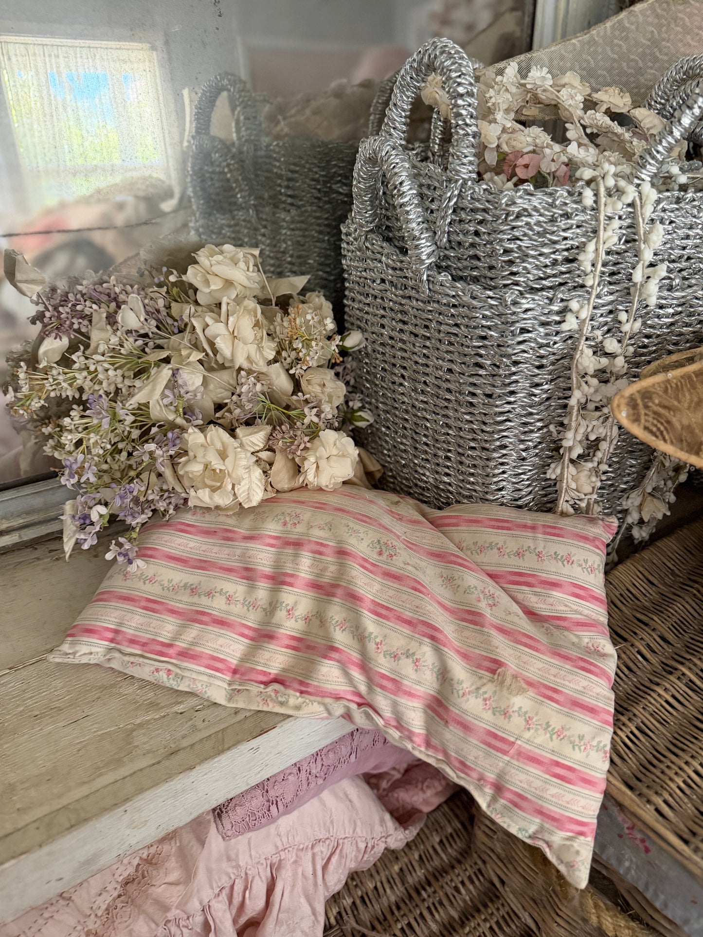 Antique Pink Rose Stripe Ticking Pillow