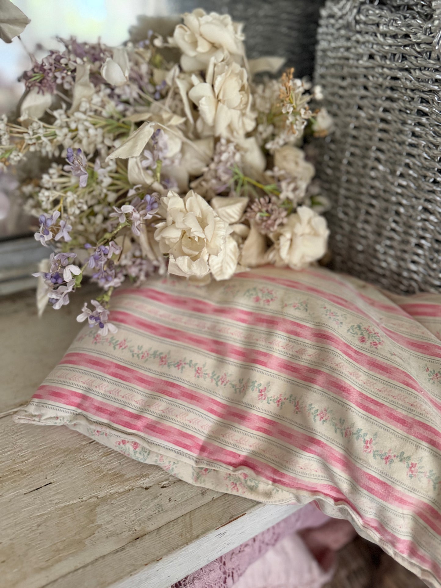 Antique Pink Rose Stripe Ticking Pillow