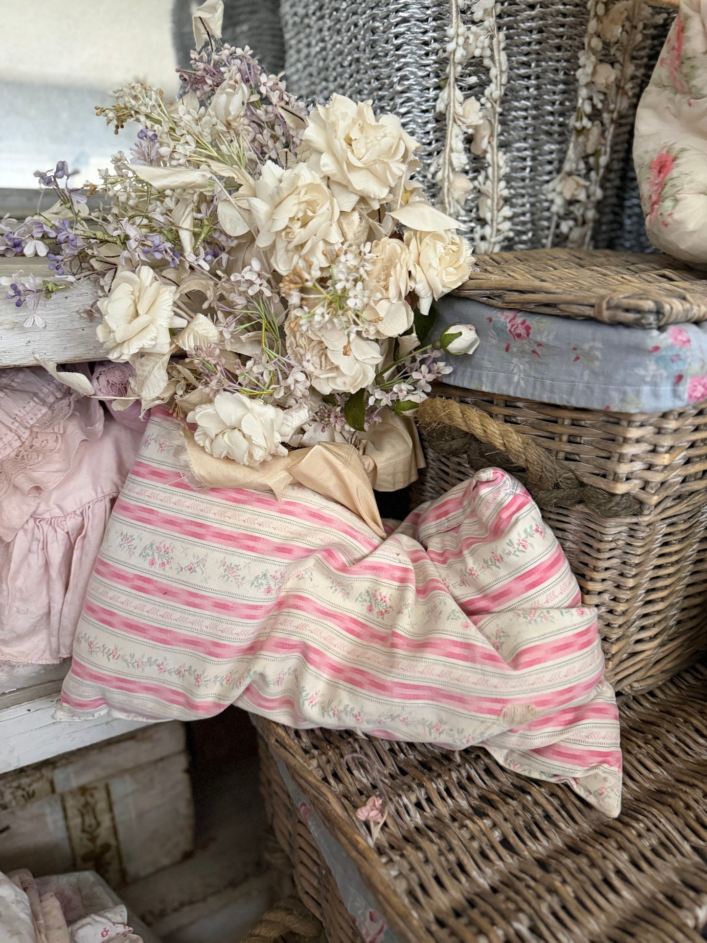 Antique Pink Rose Stripe Ticking Pillow