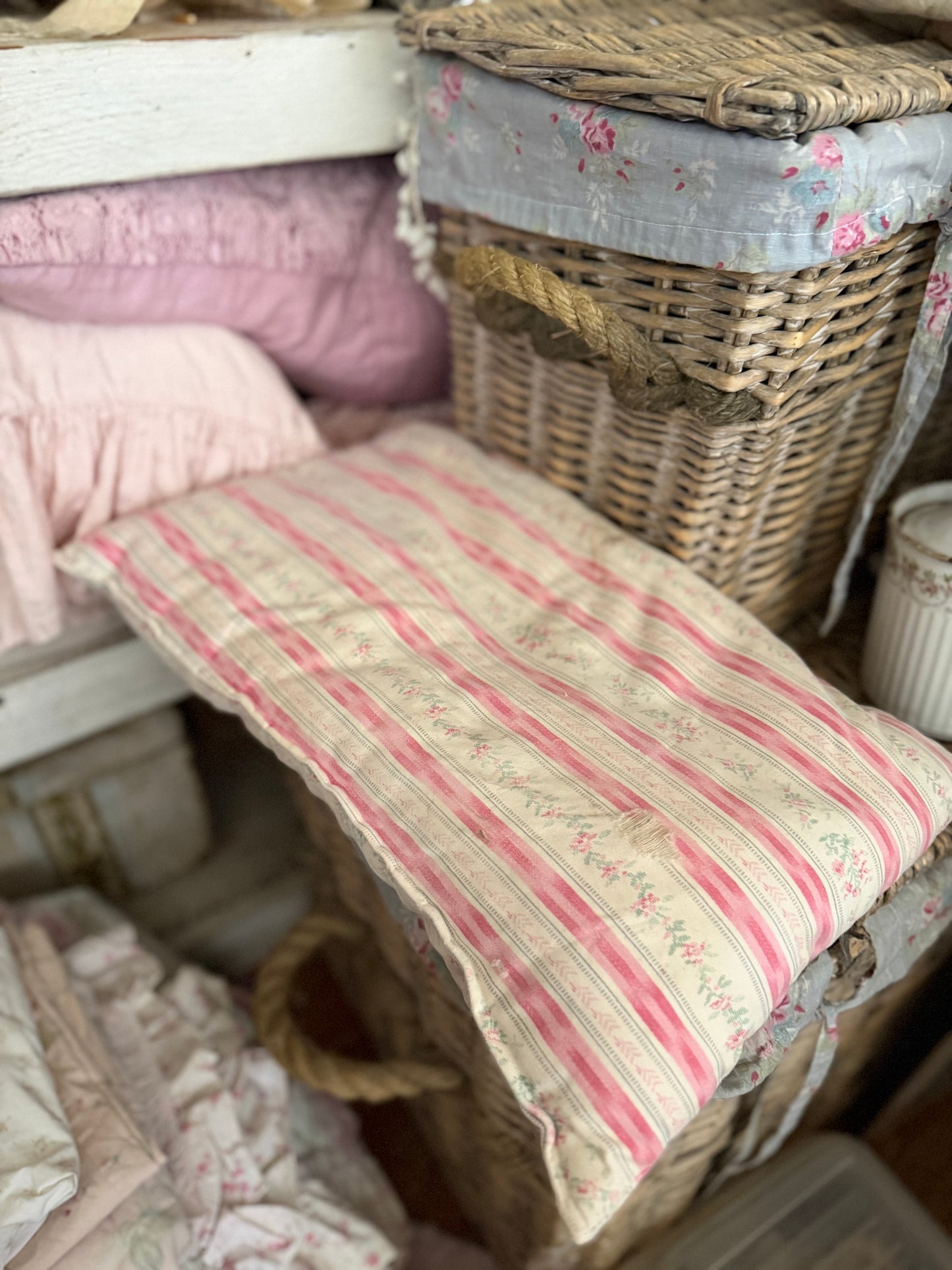 Antique Pink Rose Stripe Ticking Pillow