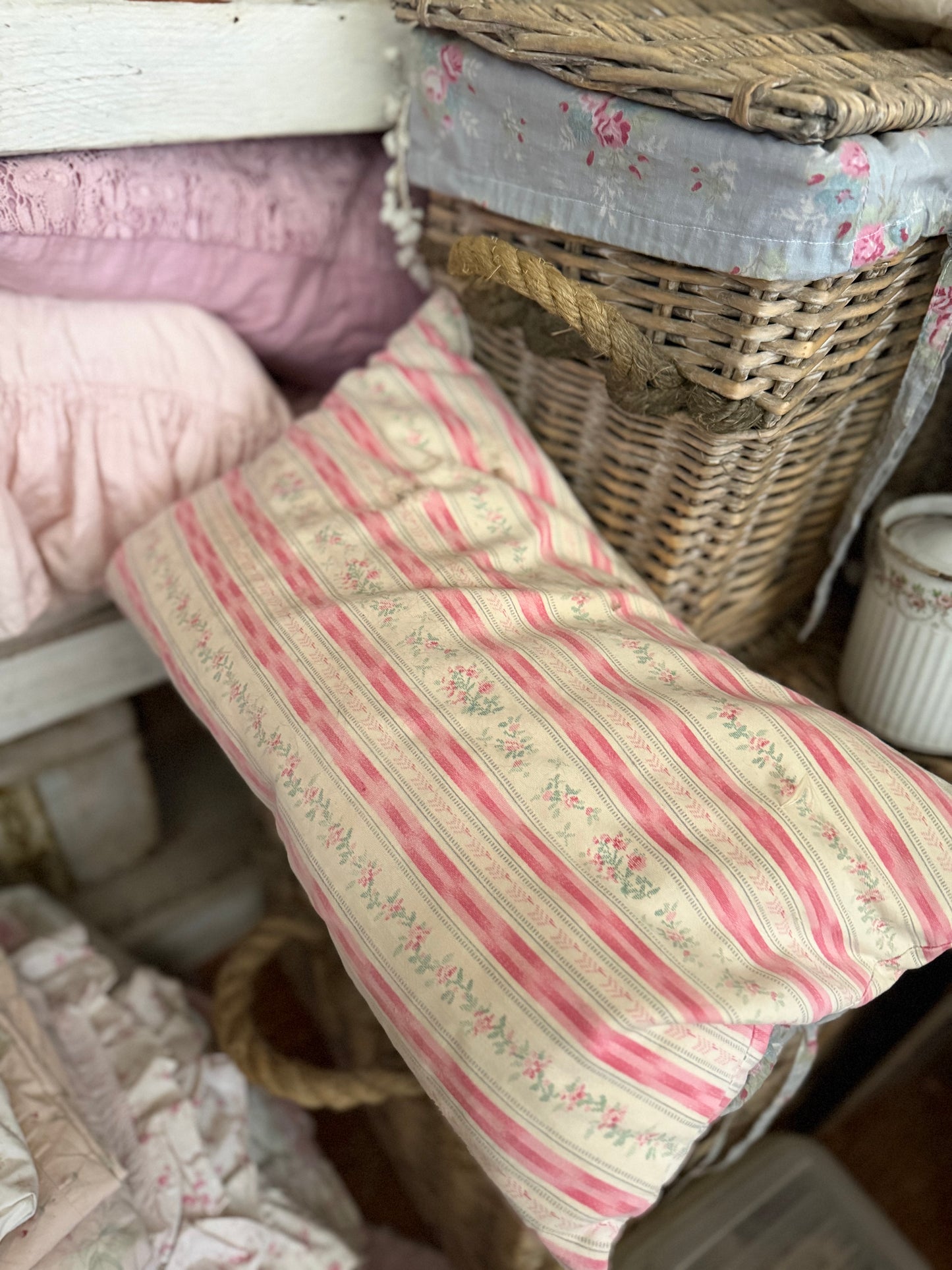 Antique Pink Rose Stripe Ticking Pillow