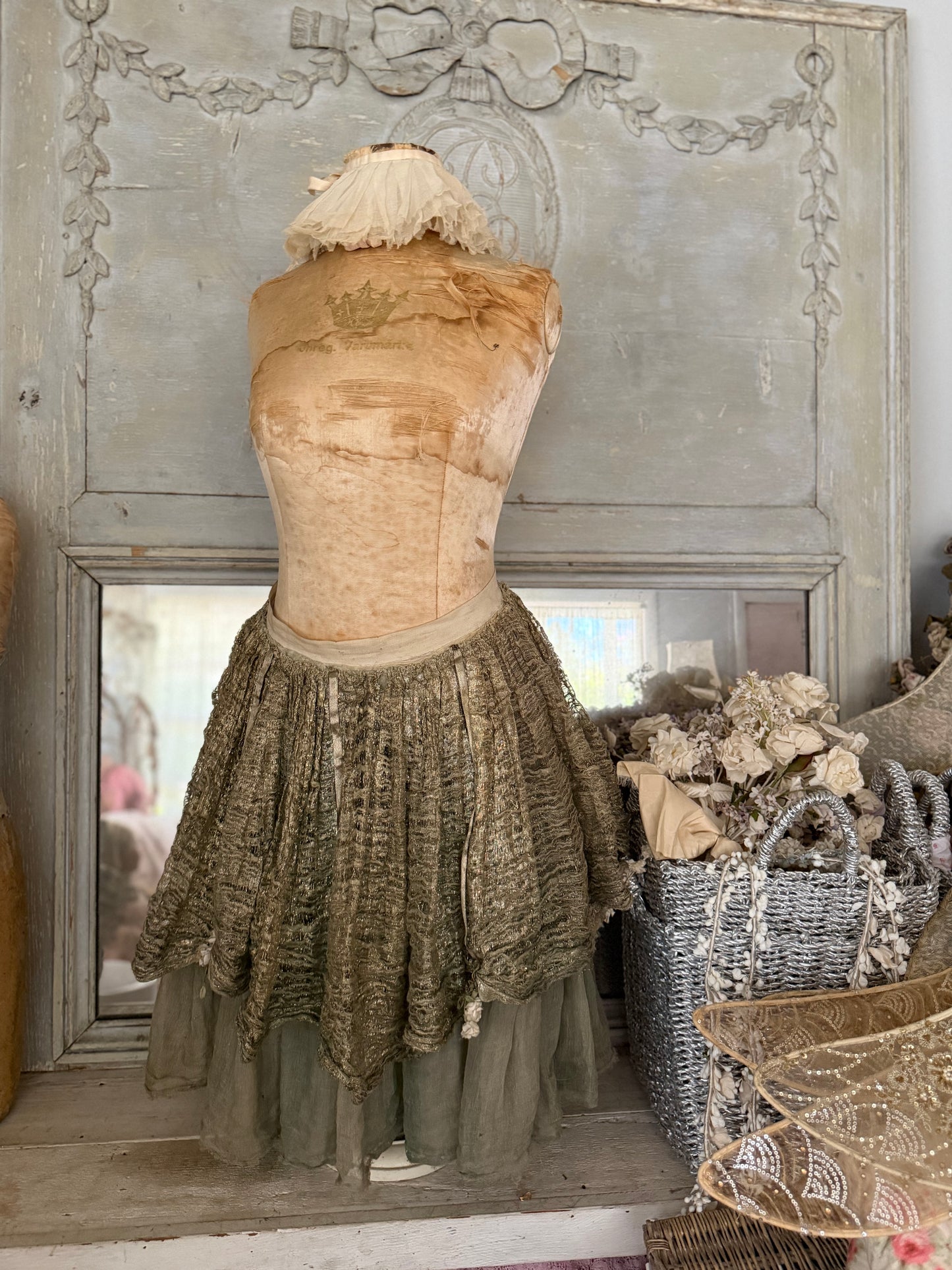 Antique Tabletop Mannequin Silk Crown Corset