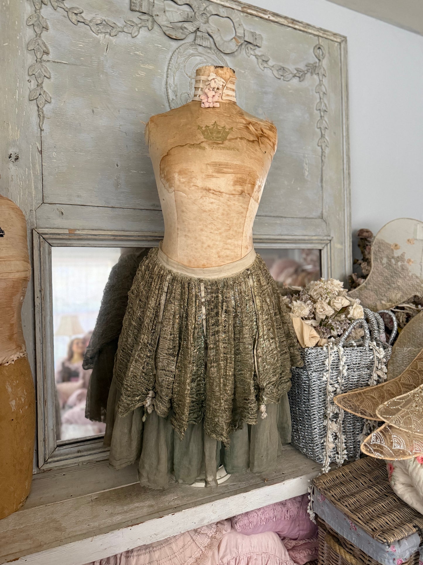 Antique Tabletop Mannequin Silk Crown Corset