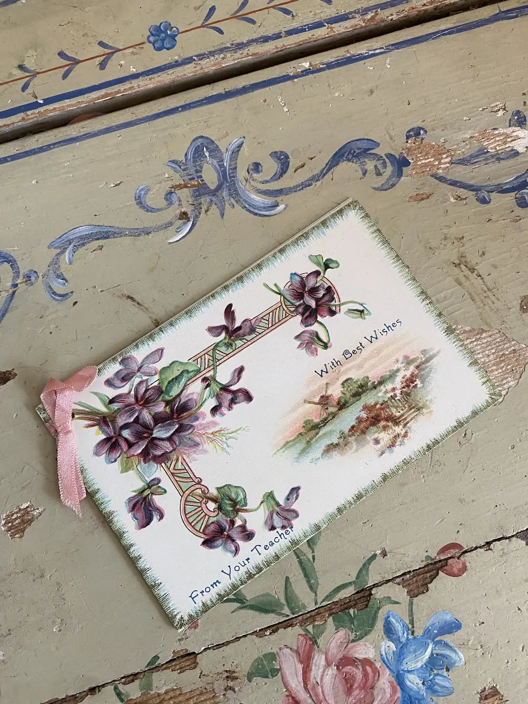 Antique Card Booklet Pink Ribbon Bow Purple Flowers