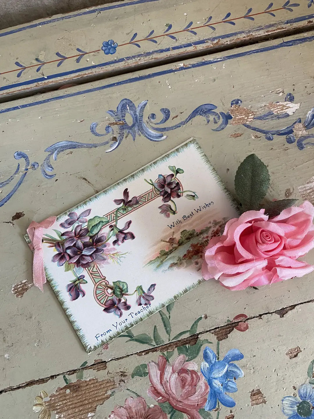 Antique Card Booklet Pink Ribbon Bow Purple Flowers