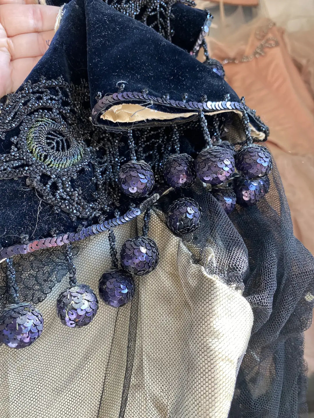 Antique Bodice Lace Silk Velvet Peacock Beadwork Bobbles