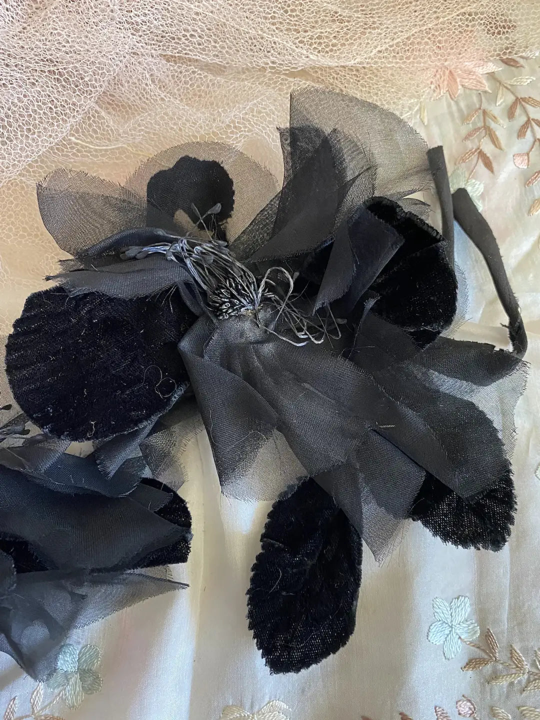 Antique Black Velvet Leaf Double Millinery Flower