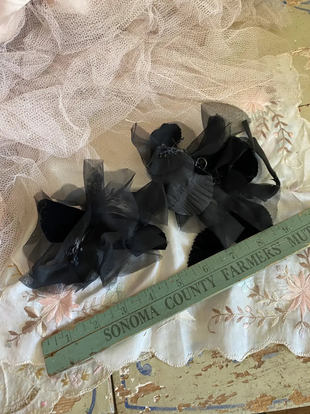 Antique Black Velvet Leaf Double Millinery Flower