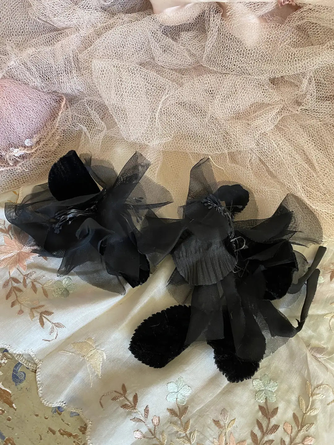 Antique Black Velvet Leaf Double Millinery Flower