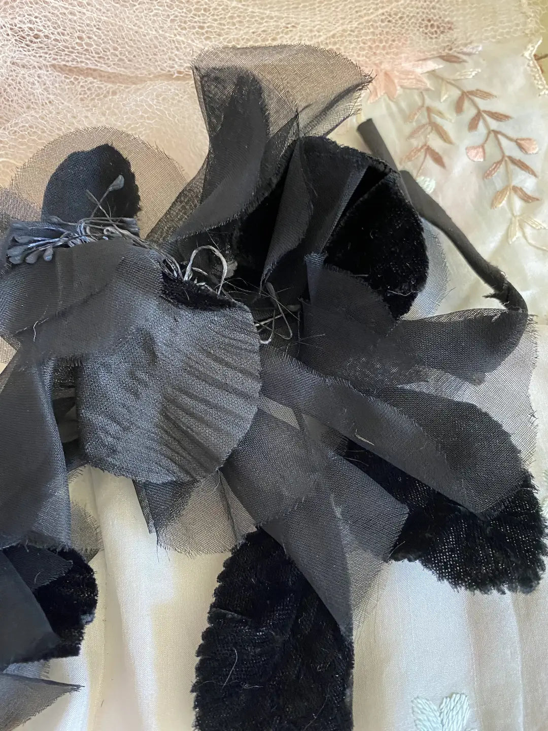 Antique Black Velvet Leaf Double Millinery Flower