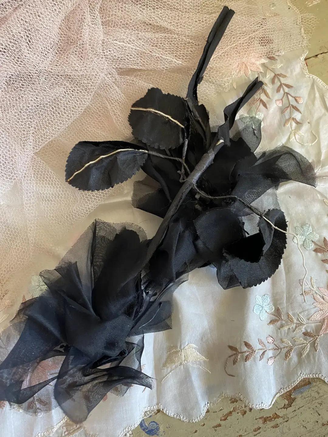 Antique Black Velvet Leaf Double Millinery Flower