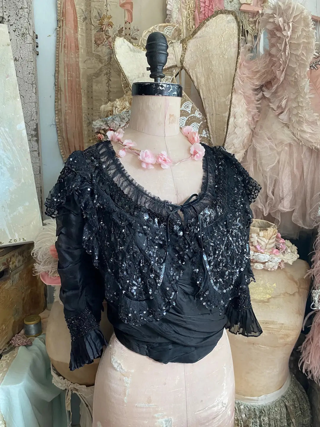 Antique Bodice Black Silk Sequins Beaded Lace