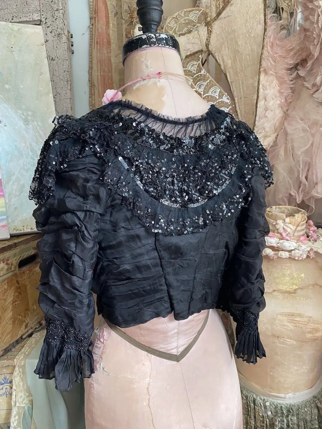 Antique Bodice Black Silk Sequins Beaded Lace