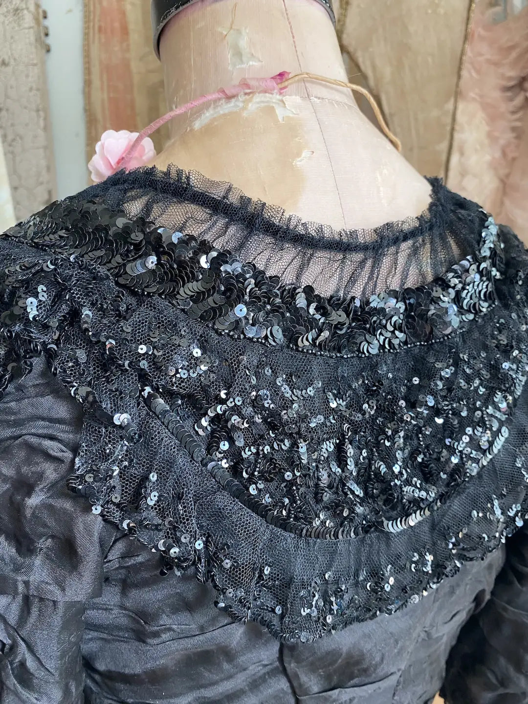 Antique Bodice Black Silk Sequins Beaded Lace