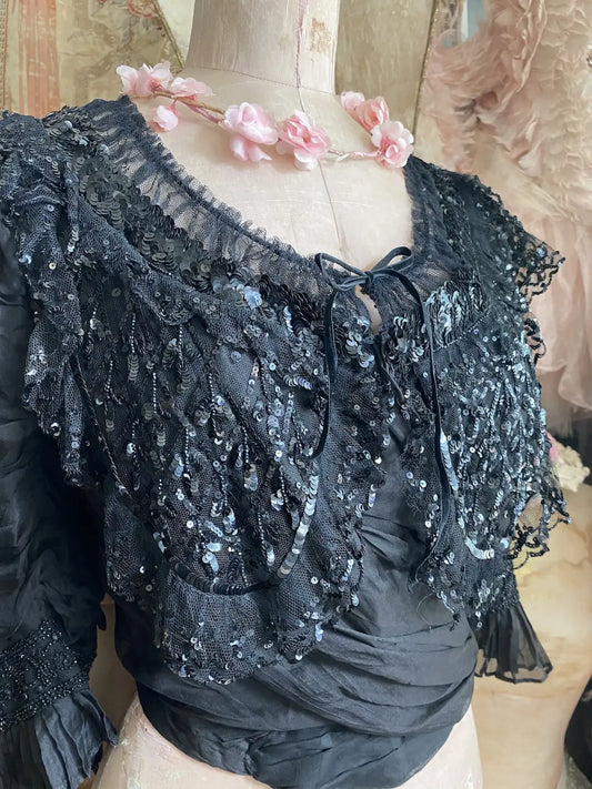 Antique Bodice Black Silk Sequins Beaded Lace