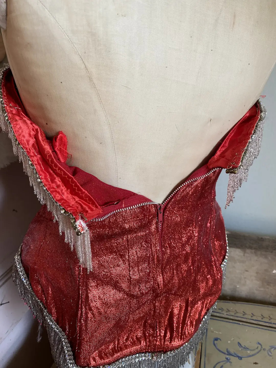 Vintage Red Lamé Rhinestone Beaded Showgirl Burlesque Costume