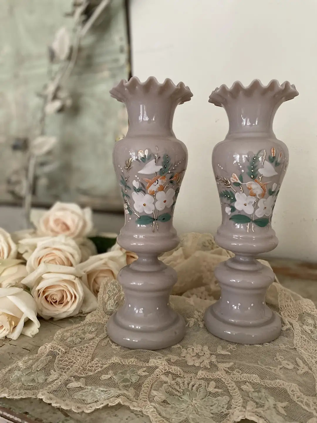 Pair Antique Victorian Vase Ruffled Opaline