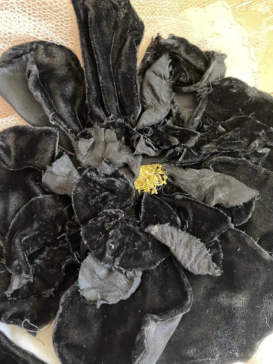 Pair GIANT Antique 1920s Flapper Black Velvet Millinery Flowers