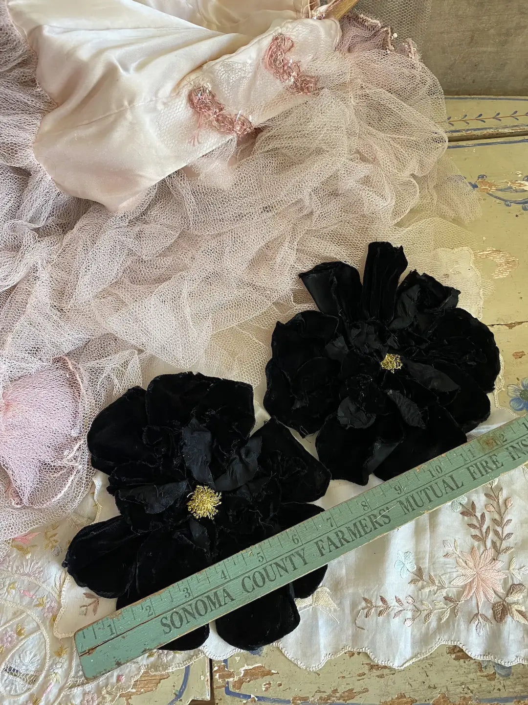 Pair GIANT Antique 1920s Flapper Black Velvet Millinery Flowers