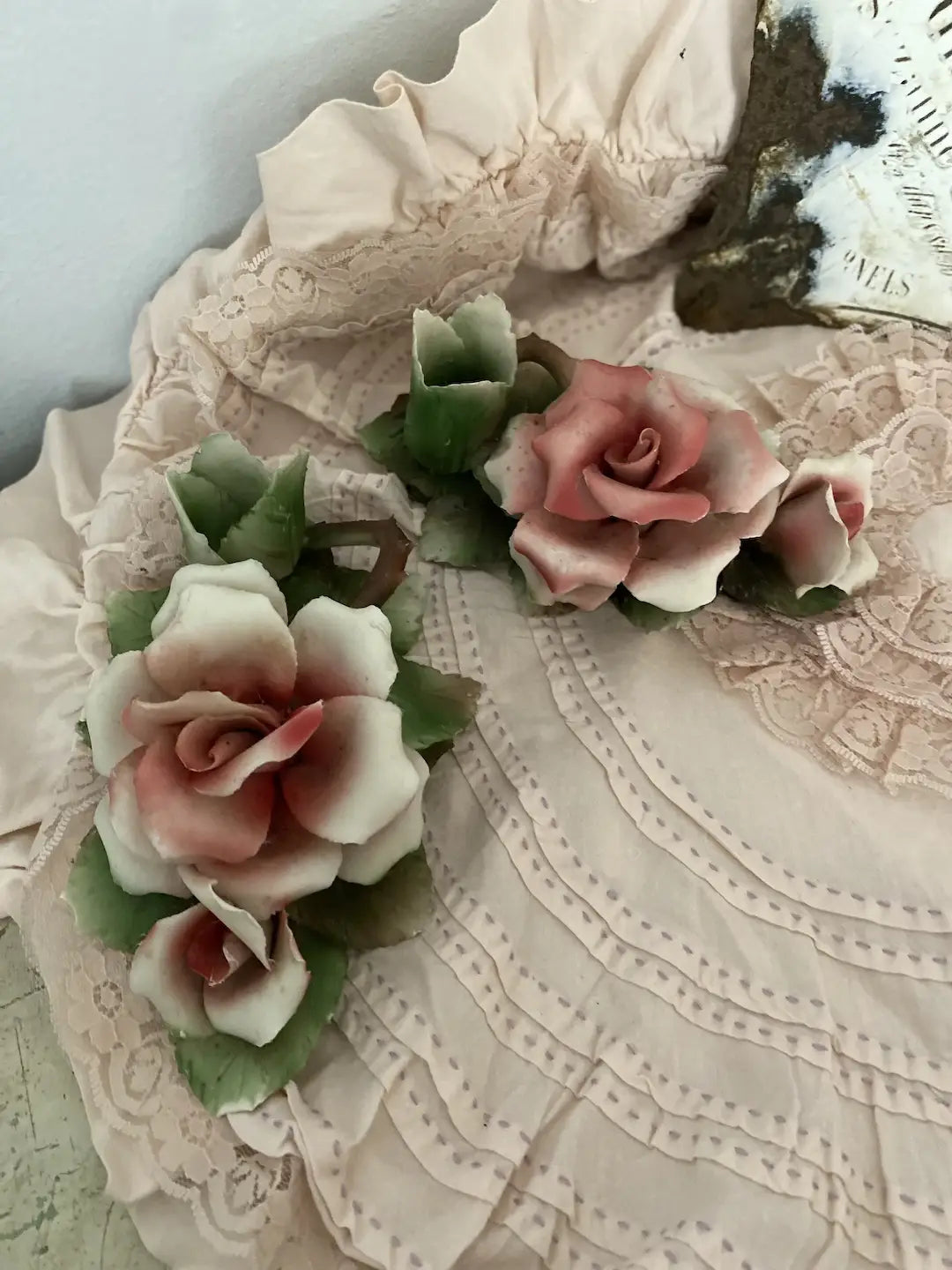 Pair Vintage Italian Pink White Rose Candlesticks